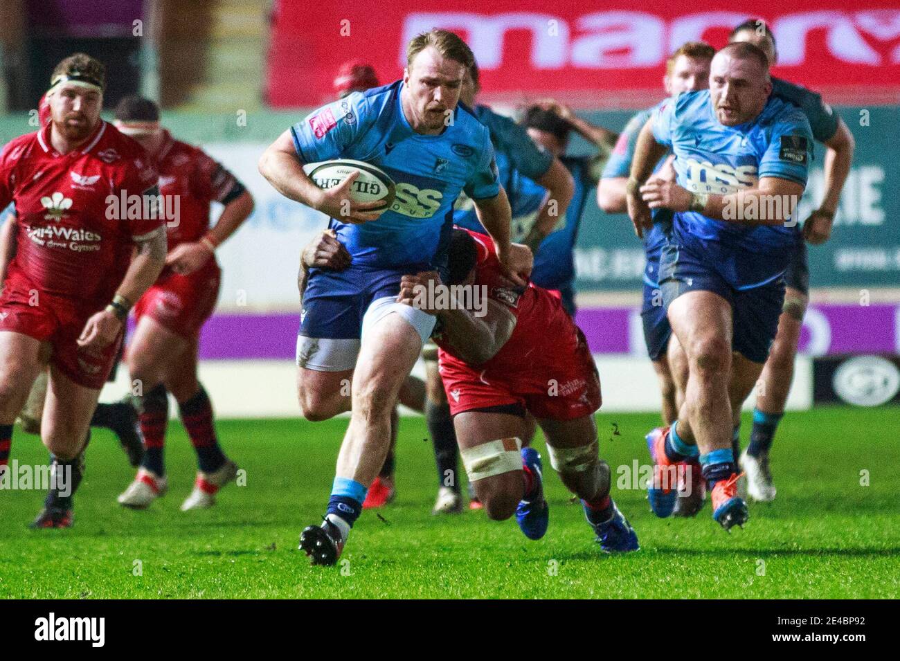 Llanelli, Wales, UK. 22 January, 2021. Cardiff Blues replacement Kristian Dacey on the attack during the Scarlets v Cardiff Blues Guinness PRO14 Rugby Match. Credit: Gruffydd Thomas/Alamy Live News Stock Photo