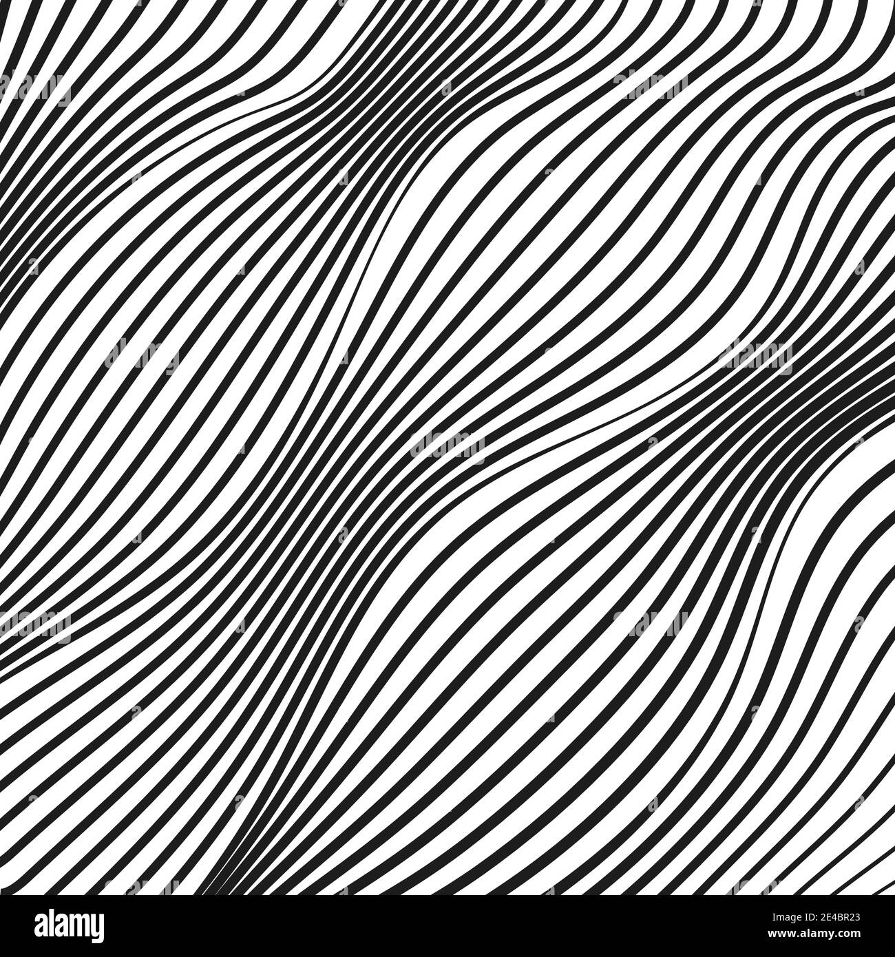 Abstract diagonal squiggle lines. Op art pattern. Deformed black and white striped surface. Warped, waving curves. Tech design. Modern concept. EPS10 Stock Vector