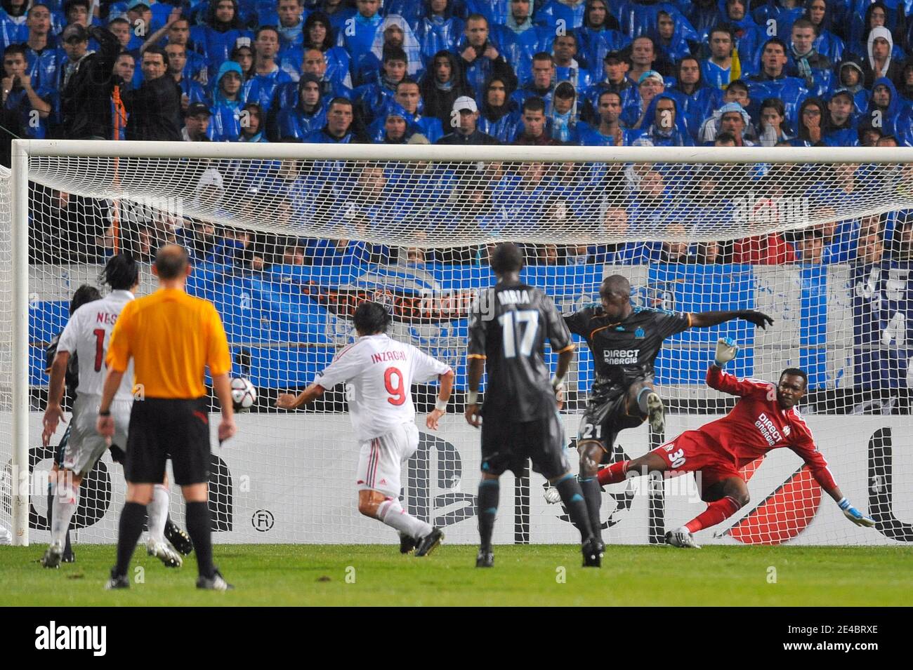 Milan's Filippo Inzaghi scores his first goal during the UEFA Champions League soccer match, Olympique de Marseille vs AC Milan at the Velodrome stadium in Marseille, France on September 15, 2009. Milan won 2-1. Photo by Stephane Reix/ABACAPRESS.COM Stock Photo