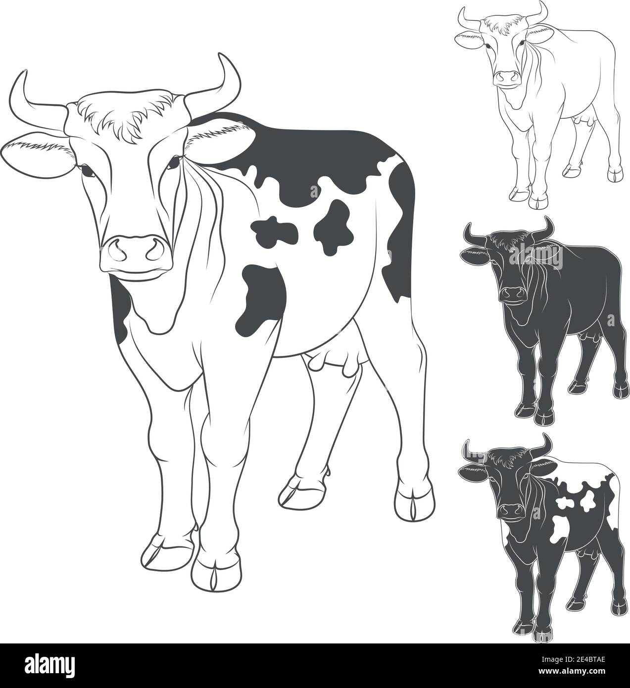 Set of black and white illustrations with a cow. Isolated vector objects on a white background. Stock Vector