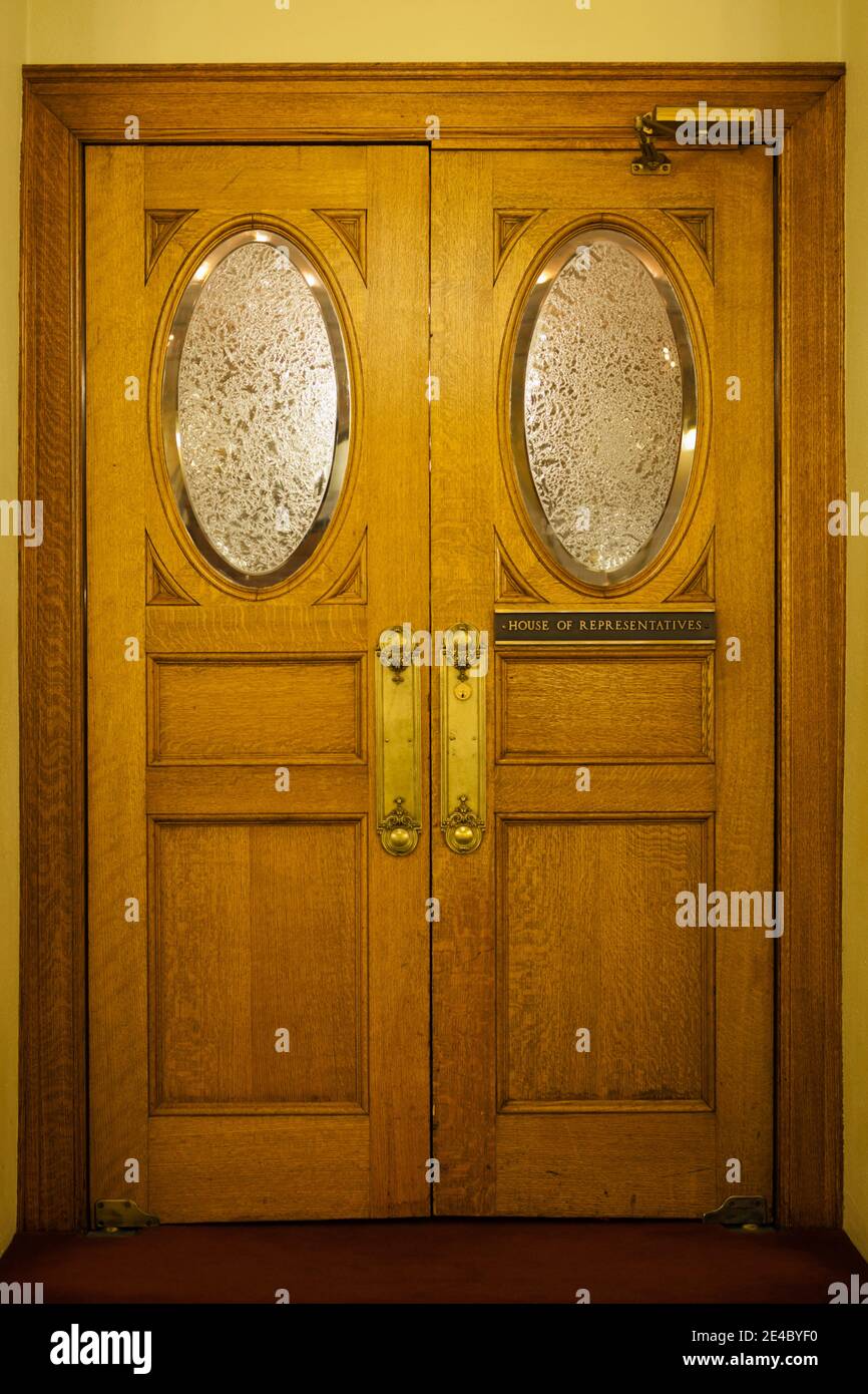 Closed door of chamber of the House of Representatives, South Dakota State Capitol, Pierre, South Dakota, USA Stock Photo