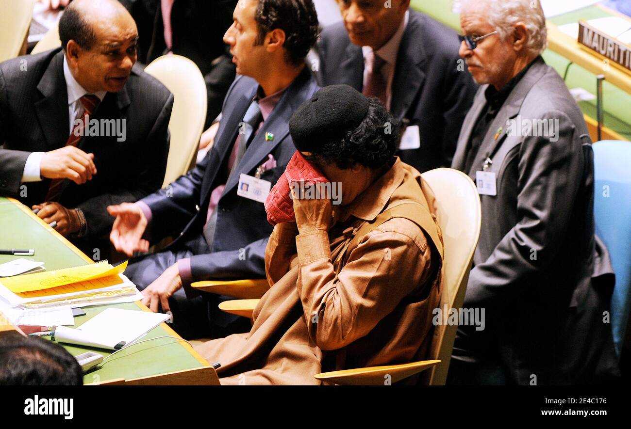 Lybian leader Moammar Gadhafi attends the 64th General Assembly at the United Nations in New York, NY, USA on September 23, 2009. Photo by Olivier Douliery/ABACAPRESS.COM Stock Photo