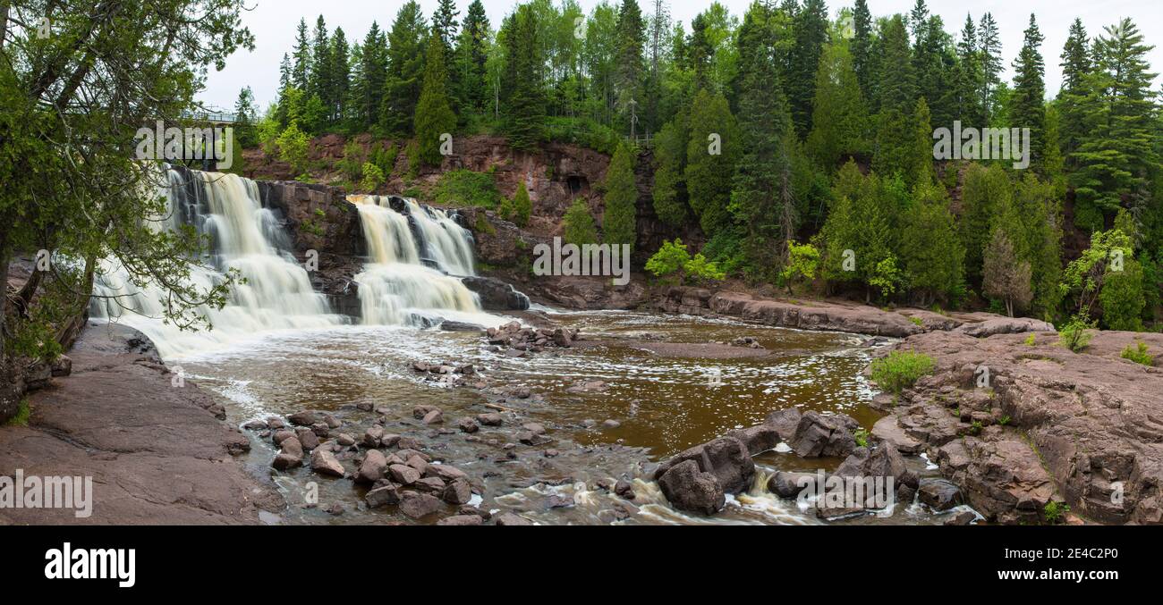 Waterfall in a forest, Middle Falls, Gooseberry River, Gooseberry Falls State Park, Lake Superior, Minnesota, USA Stock Photo