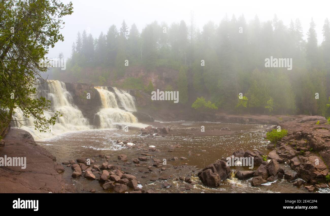 Waterfall in a forest, Middle Falls, Gooseberry River, Gooseberry Falls State Park, Lake Superior, Minnesota, USA Stock Photo