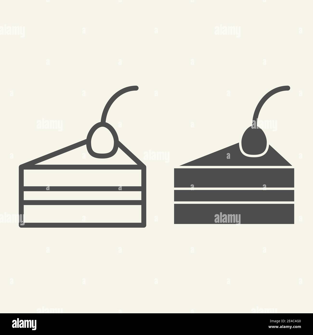 Cake piece line and solid icon. Delicious dessert with cream and cherry ...