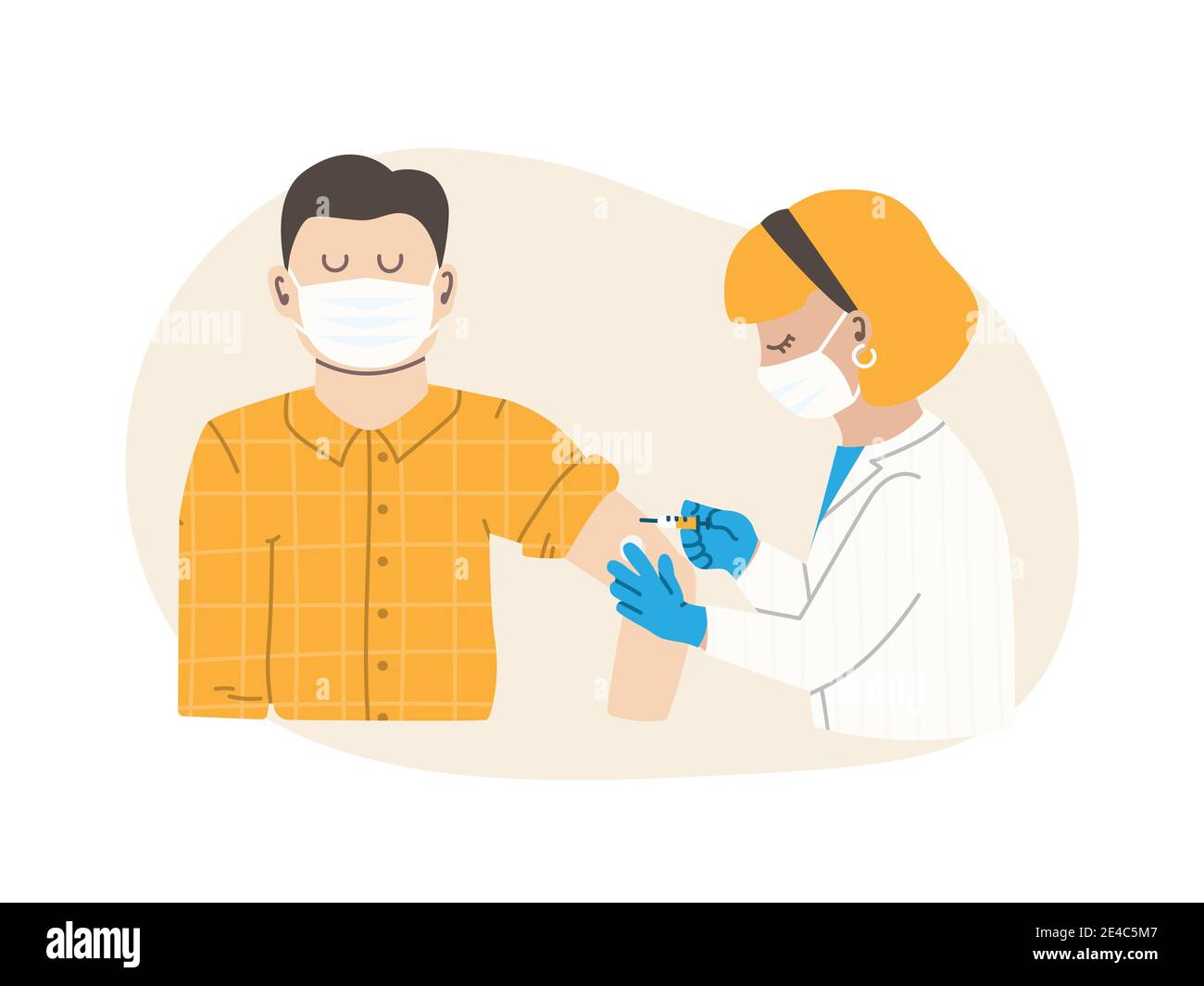 The doctor or nurse injects the vaccine. The patient is an adult male. Flu vaccination concept. Coronavirus vaccine. Vector flat illustration EPS 10. Stock Vector
