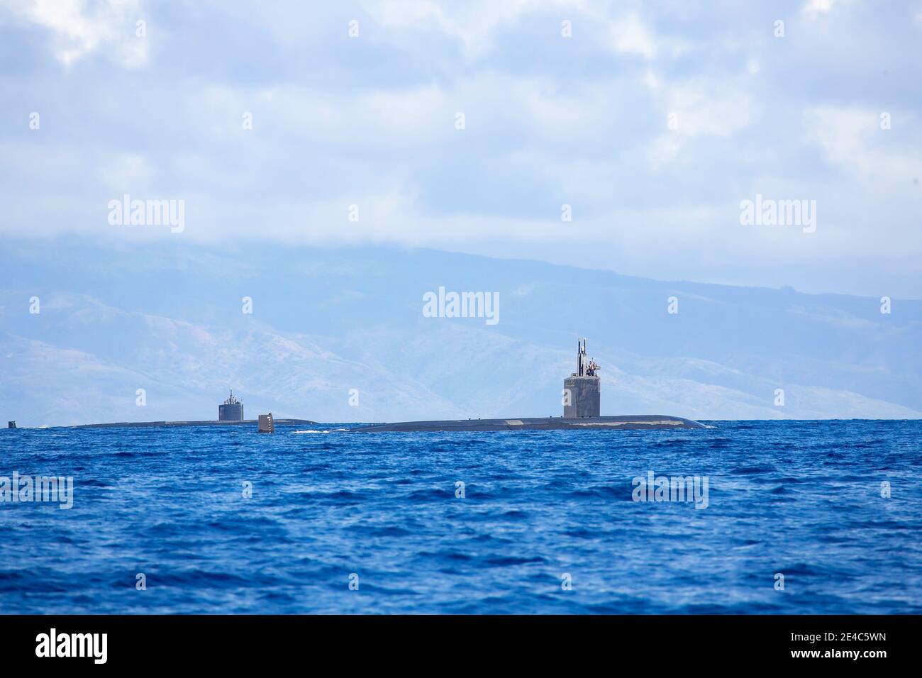 Two American US Navy nuclear attack submarines off the coast of Maui, Hawaii. Stock Photo