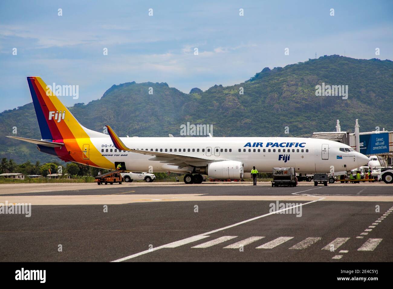 A Fiji Air Pacific Boeing 737-800 airplane on the runway at the Nadi International Airport , Fiji. Stock Photo