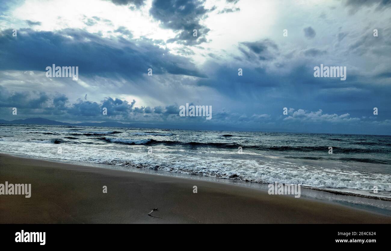 Stormy weather over Loutra Kyllini beach, one of the best in the Peloponnese, Elis, Peloponnese, Greece Stock Photo