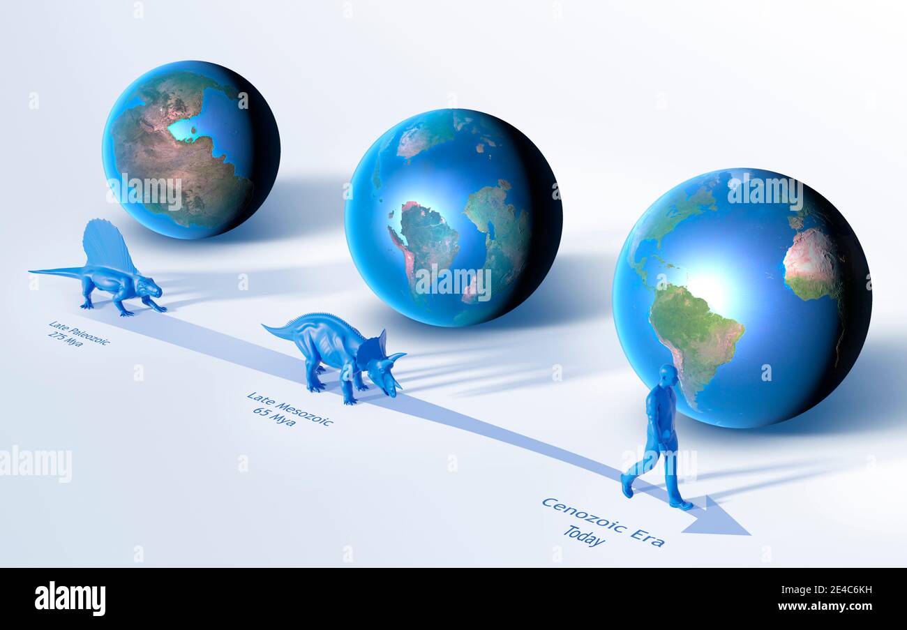 Geological time scale, illustration. The globes show the configuration of  the continents during the late Paleozoic Era (275 million years ago), the  la Stock Photo - Alamy