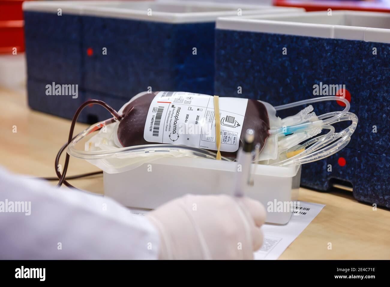 Essen, North Rhine-Westphalia, Germany - Blood donation in times of the corona crisis, here at the DRK Blood Donation Service West, German Red Cross, in times of the flu wave and the coronavirus, hospitals are particularly dependent on blood donations and blood plasma donations. Stock Photo