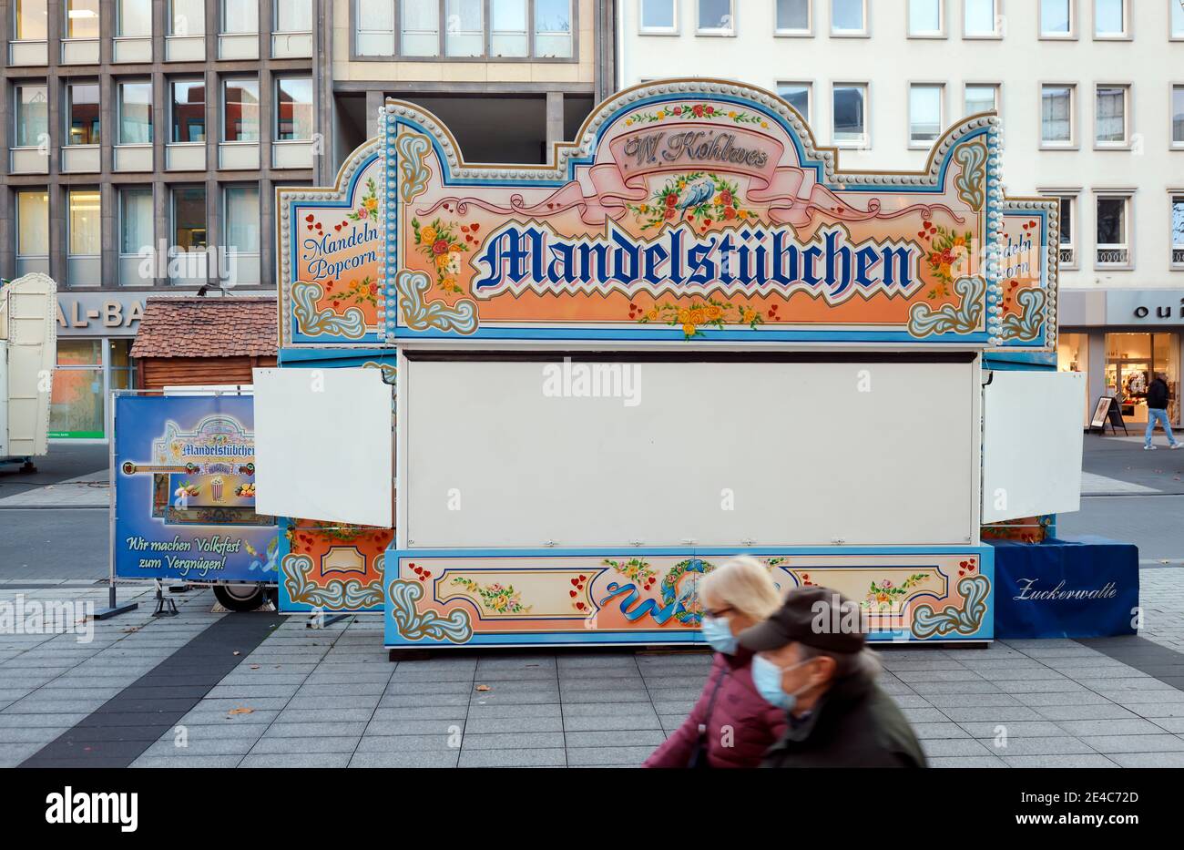 Bochum, Ruhr area, North Rhine-Westphalia, Germany - Christmas market with stalls in downtown Bochum, closed in times of the corona crisis during the second part of the lockdown. Stock Photo