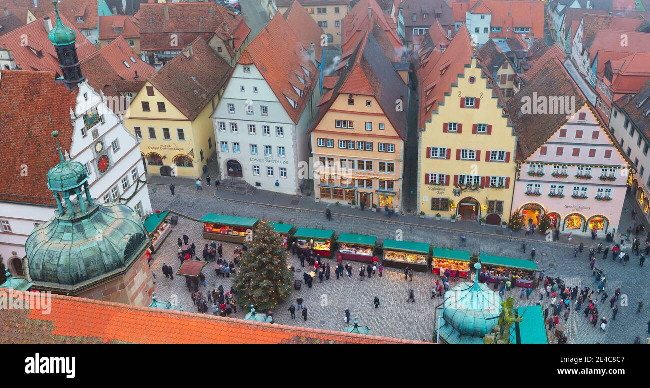 Overhead view of the Christmas Market, Rothenburg, Bavaria, Germany Stock Photo