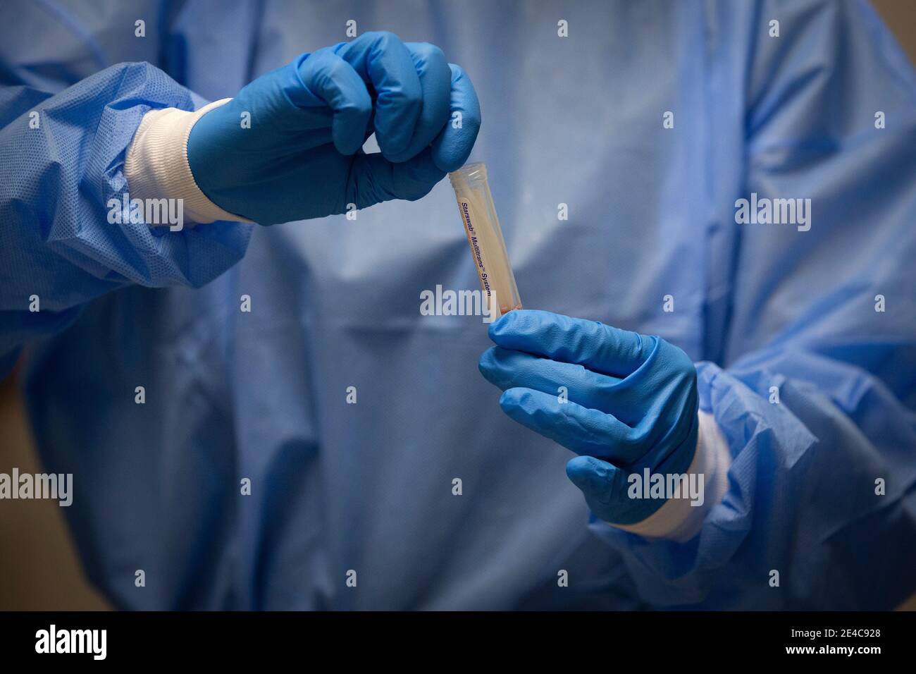 A pharmacist holds a COVID-19 test in a tube at a pharmacy in Amherstview, Ontario on Friday, January 22, 2021, as the COVID-19 pandemic continues acr Stock Photo