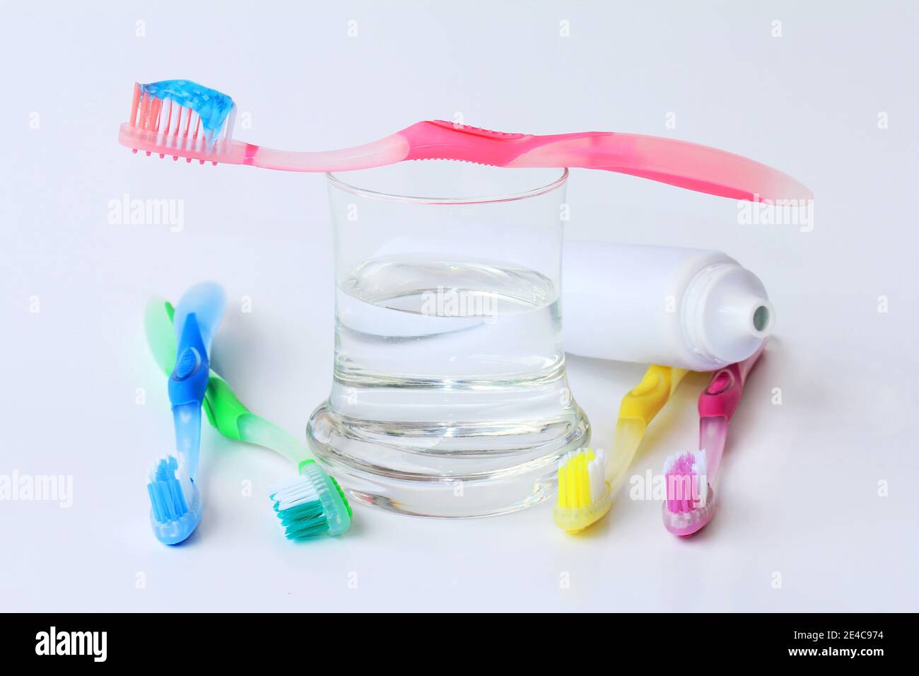 Healthy, well-kept teeth by brushing with toothbrushes and toothpaste Stock Photo