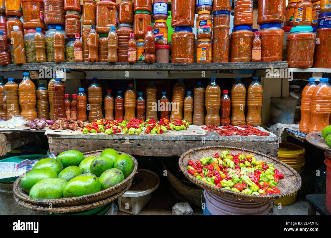 DAR ES SALAAM, TANZANIA JANUARY 2020 Jars of Peppers and Sauces in a