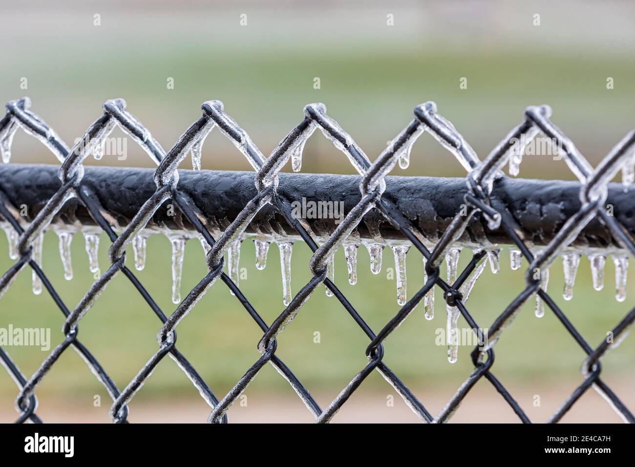 Ice covered fence after winter ice storm. Concept of winter weather and freezing rain. Stock Photo