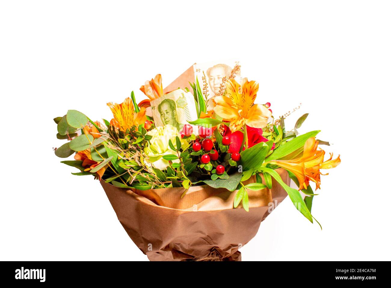 Bouquet of flowers red roses with Mao Zedong on 20, 1 Chinese paper ...