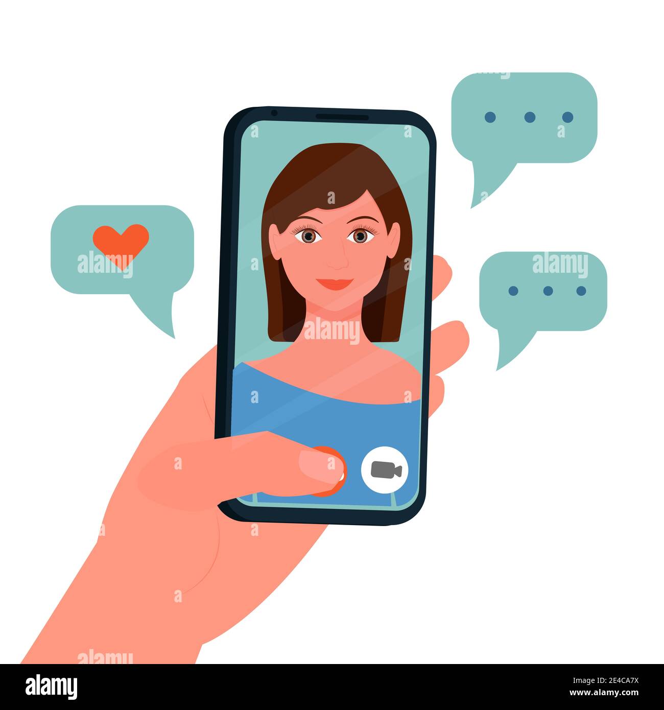 Hand holding mobile phone, video call, conversation. Face of girl on screen isolated on white background stock vector illustration. Social relations on distance concept. Stock Vector