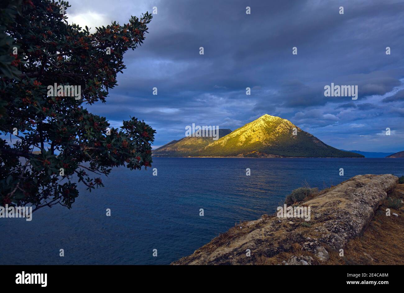 View of Kalamos Island in the days after the Medicane storm in September 2020 Stock Photo