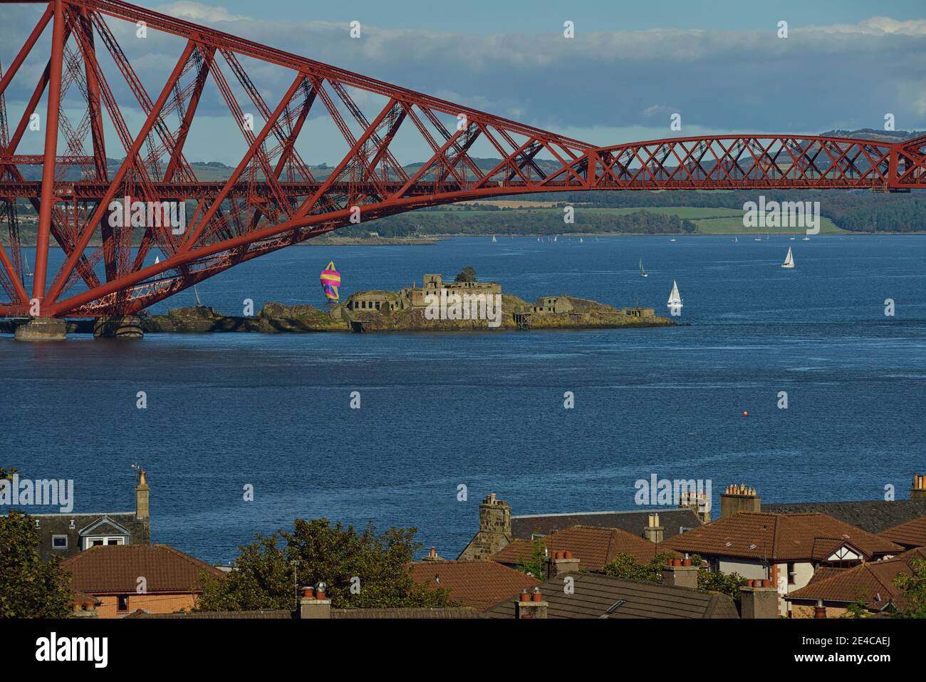 Forth Road Bridge and Forth Bridge over the Firth from Forth near Edinburgh, Inchgarvie, a small rocky island, Scotland, Great Britain, North Sea, British Isles, Europe Stock Photo