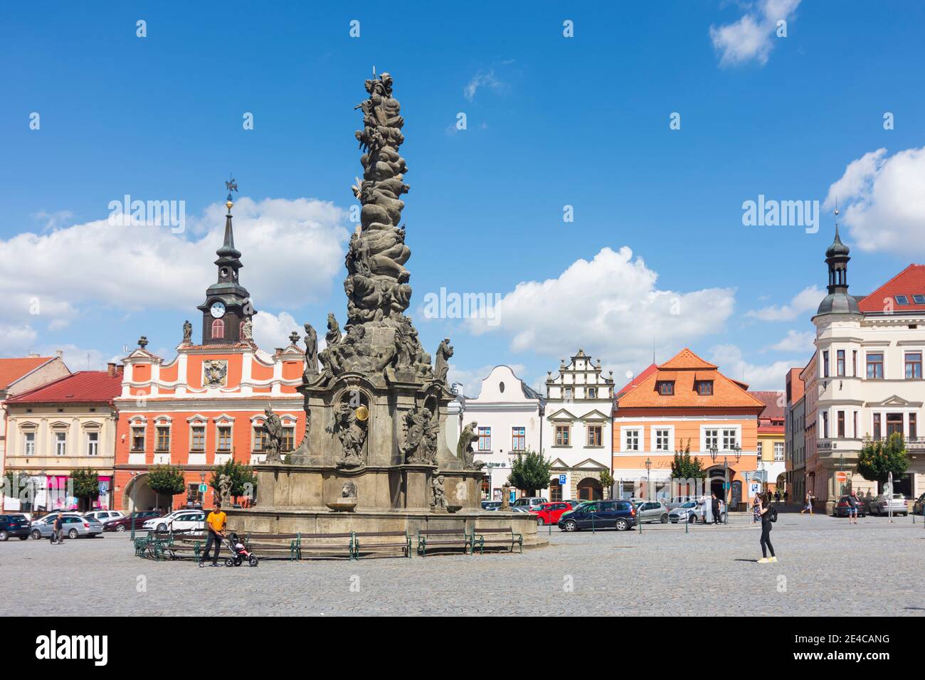 Chrudim (Crudim), Ressel Square, Old Town Hall, Plague Column in Pardubicky, Pardubice Region, Pardubitzer Region, Czech Stock Photo