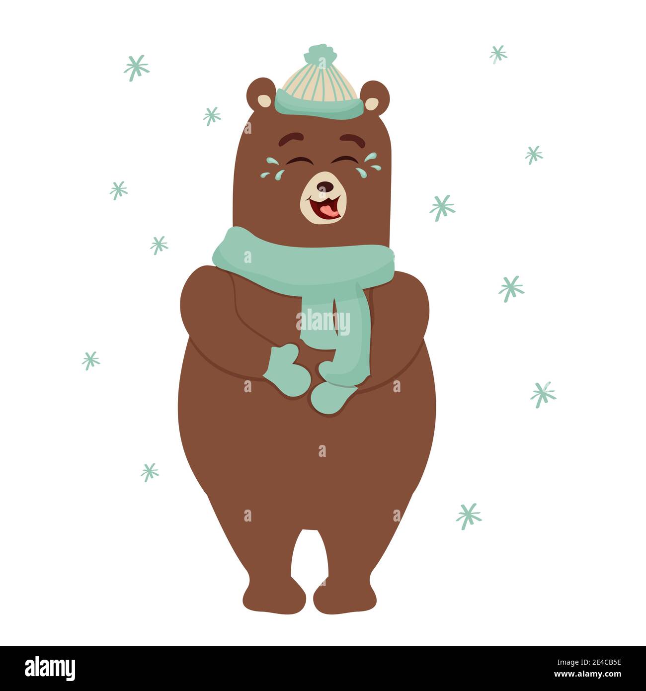 Brown bear laughing with tears, emotional character full length with snowflakes, hat and scarf isolated on white background. Funny, comic animal. Vect Stock Vector