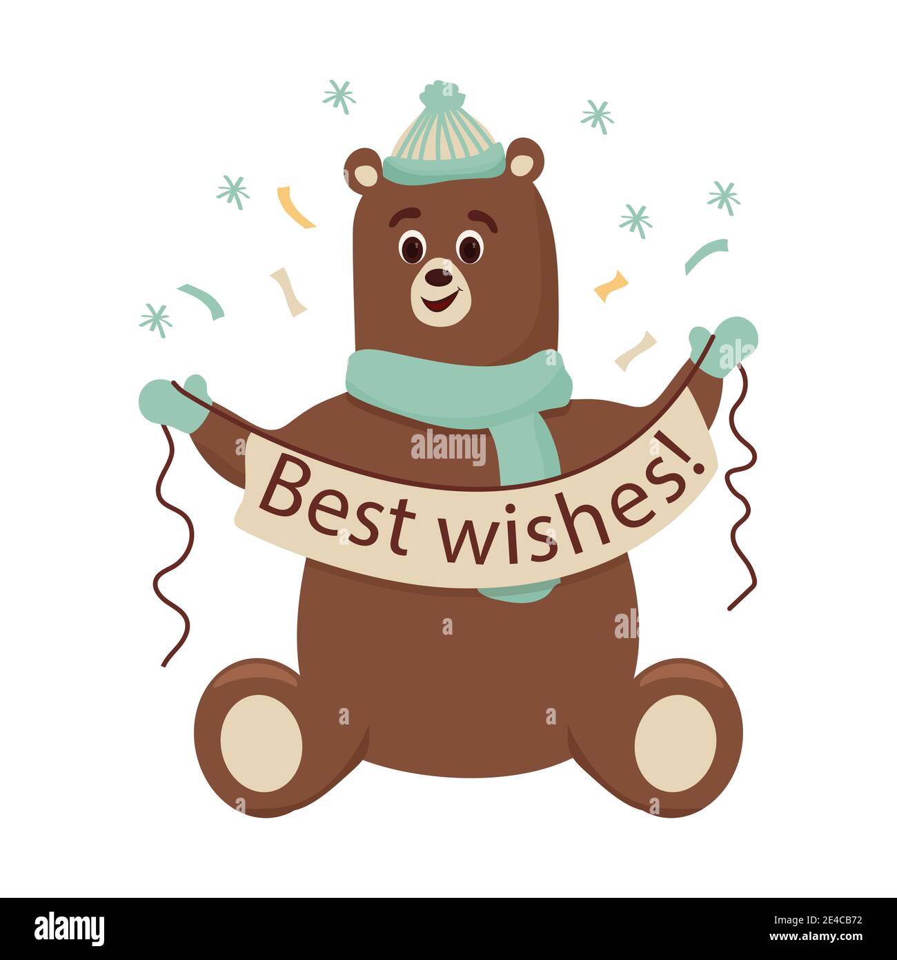Brown cute bear in knitted hat and scarf sitting, holding banner with ...