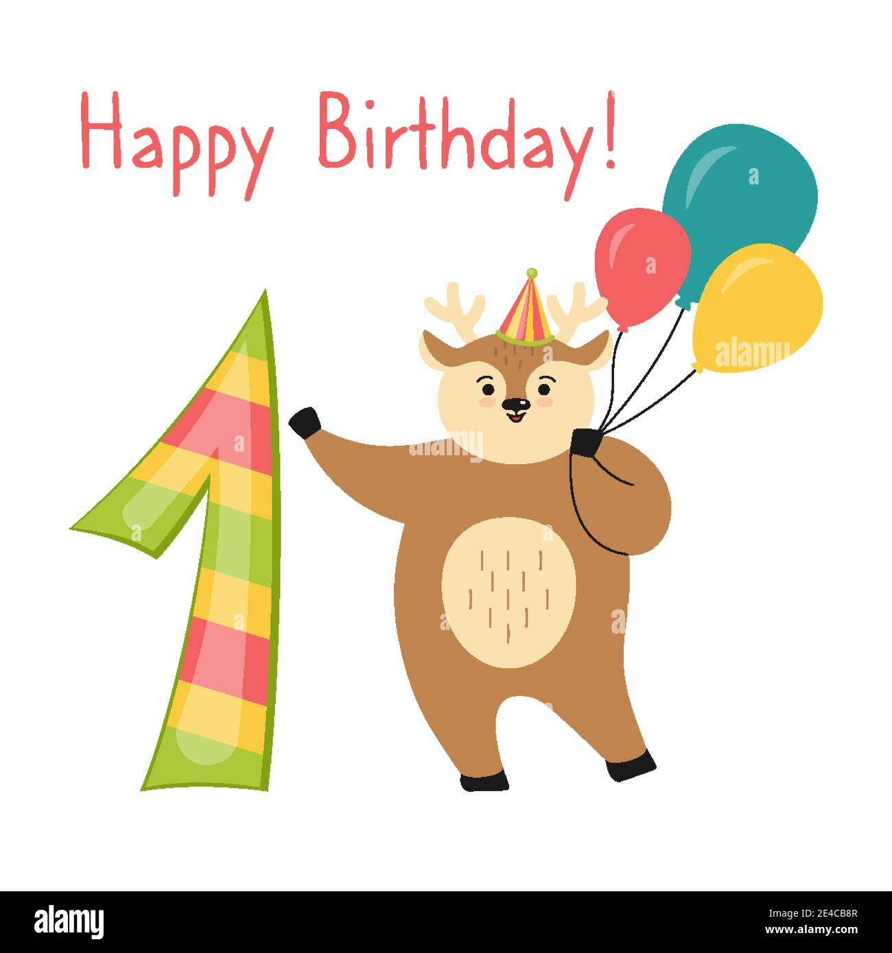 Greeting Happy Birthday card, Deer with air balloon and number one. Hand  drawn reindeer cartoon character in hat. Congratulate child first birthday.  Flat Animal Template Isolated vector illustration Stock Vector Image &