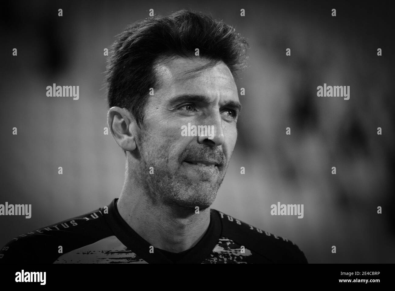 Portrait of Gianluigi Buffon in black and white during the warm-up at the Allianz Stadium Stock Photo