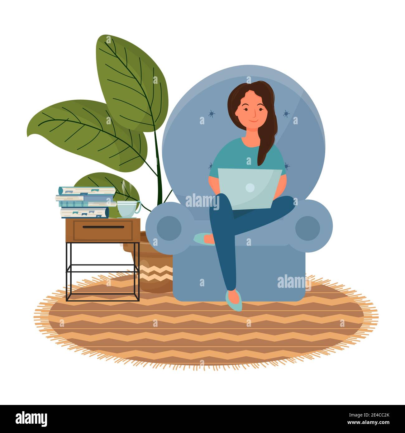 Work and study at home, freelance concept. Woman sitting in armchair, using laptop. Near books, plant. Modern interesting vector design isolated on white background. Vector illustration Stock Vector