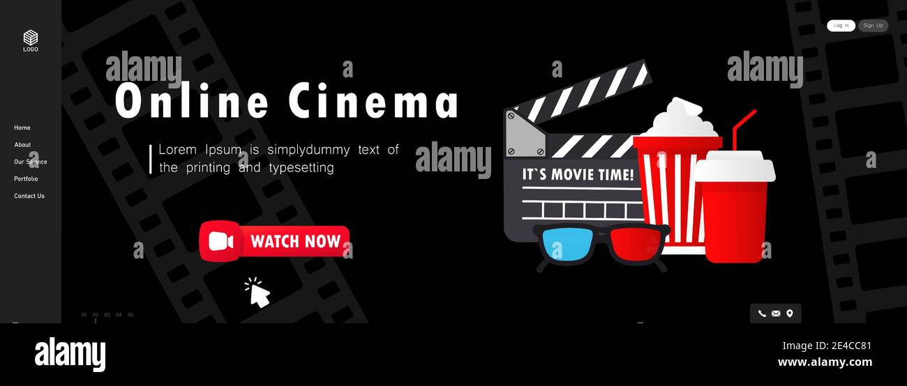 Online cinema banner. Watch now button. Movie watching with popcorn, 3d glasses and film-strip cinematography concept. Stock Vector