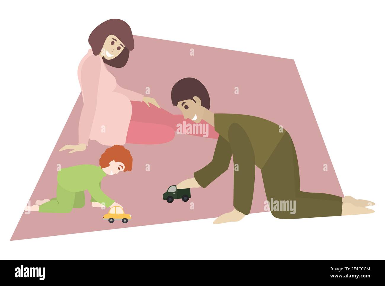 Father playing toys with baby. Pregnant mother setting on the floor and looking them. Domestic life concept. Isolated vector illustration on white bac Stock Vector