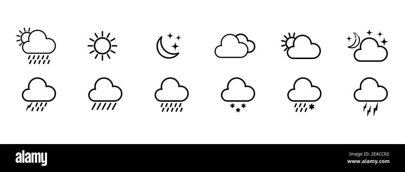 Set of weather icons. Weather logo, line icon. Raining, sunny, snowing, cloudy on isolated white background. EPS 10 vector Stock Vector