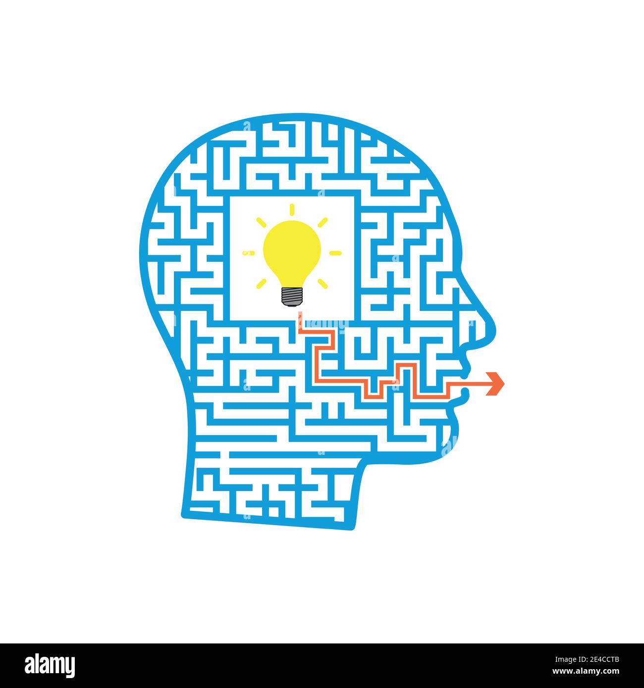Head-shaped maze with a light bulb in the center and an arrow coming out of its mouth. Vector illustration. Stock Vector