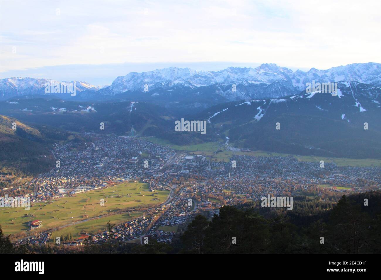 View from the Königsstand (1453m) on the Kramer to Garmisch-Partenkirchen, Upper Bavaria, Bavaria, Germany Bavarian Alps, Werdenfelser Land, Karwendel Mountains, Karwendel Stock Photo