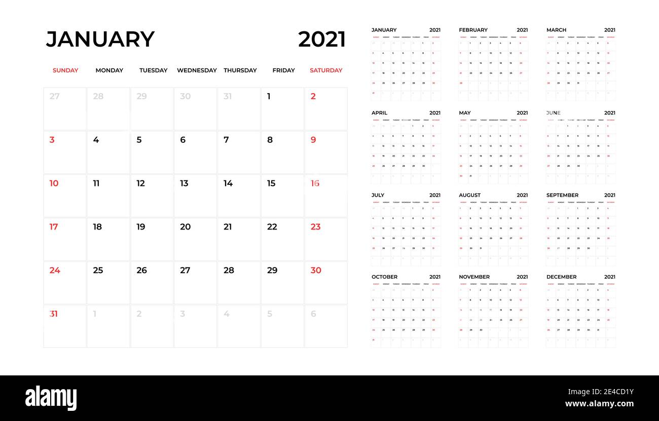 Calendar 2021, 12 month in clean minimal table simple style. Calendar 2021 template. Calendar planning week. Stock Vector