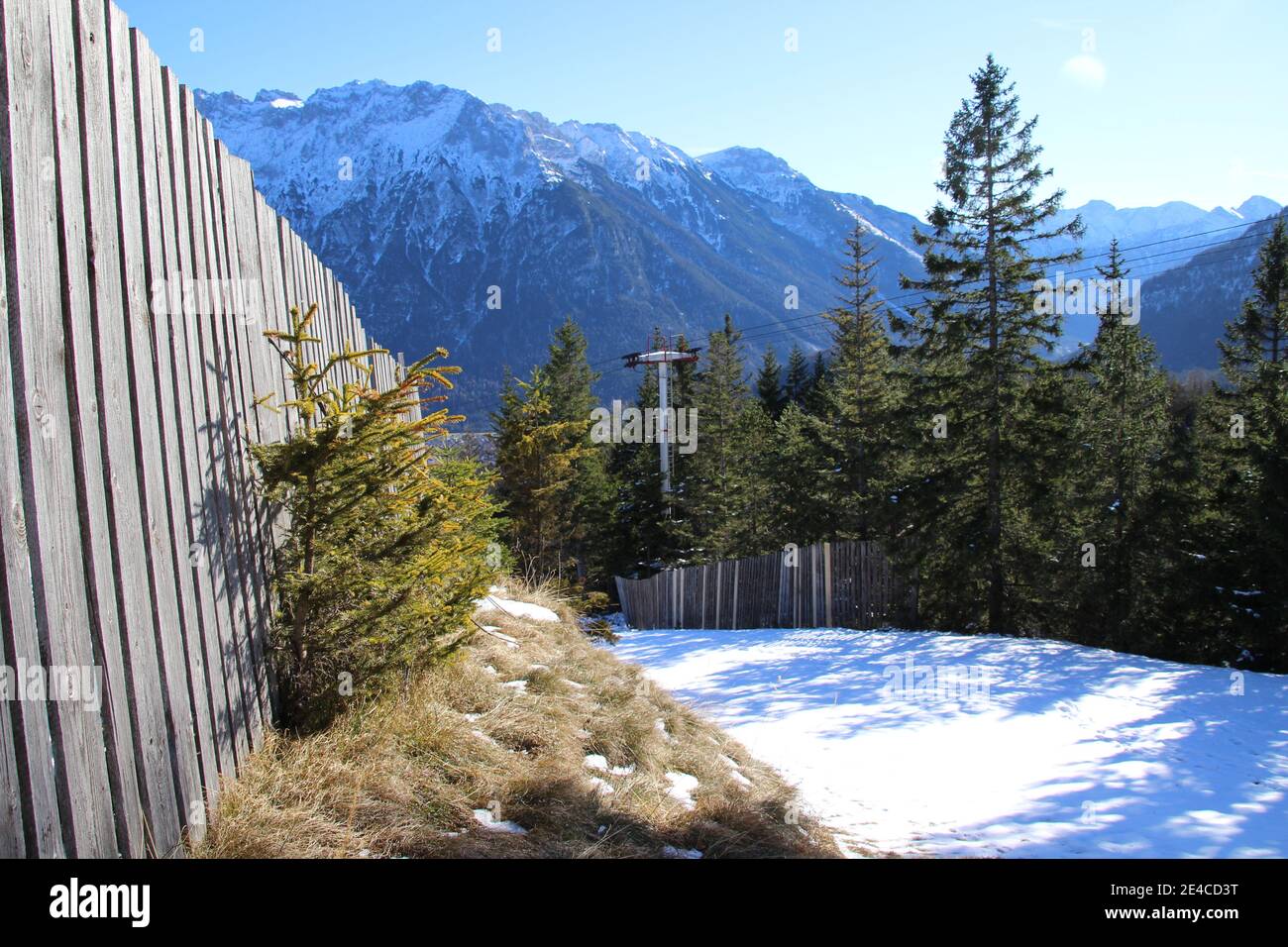 Hike to the Hohen Kranzberg (1397m), blue sky, ski slope, ski run, Germany, Bavaria, Upper Bavaria, Werdenfelser Land, Bavarian Alps, Stock Photo