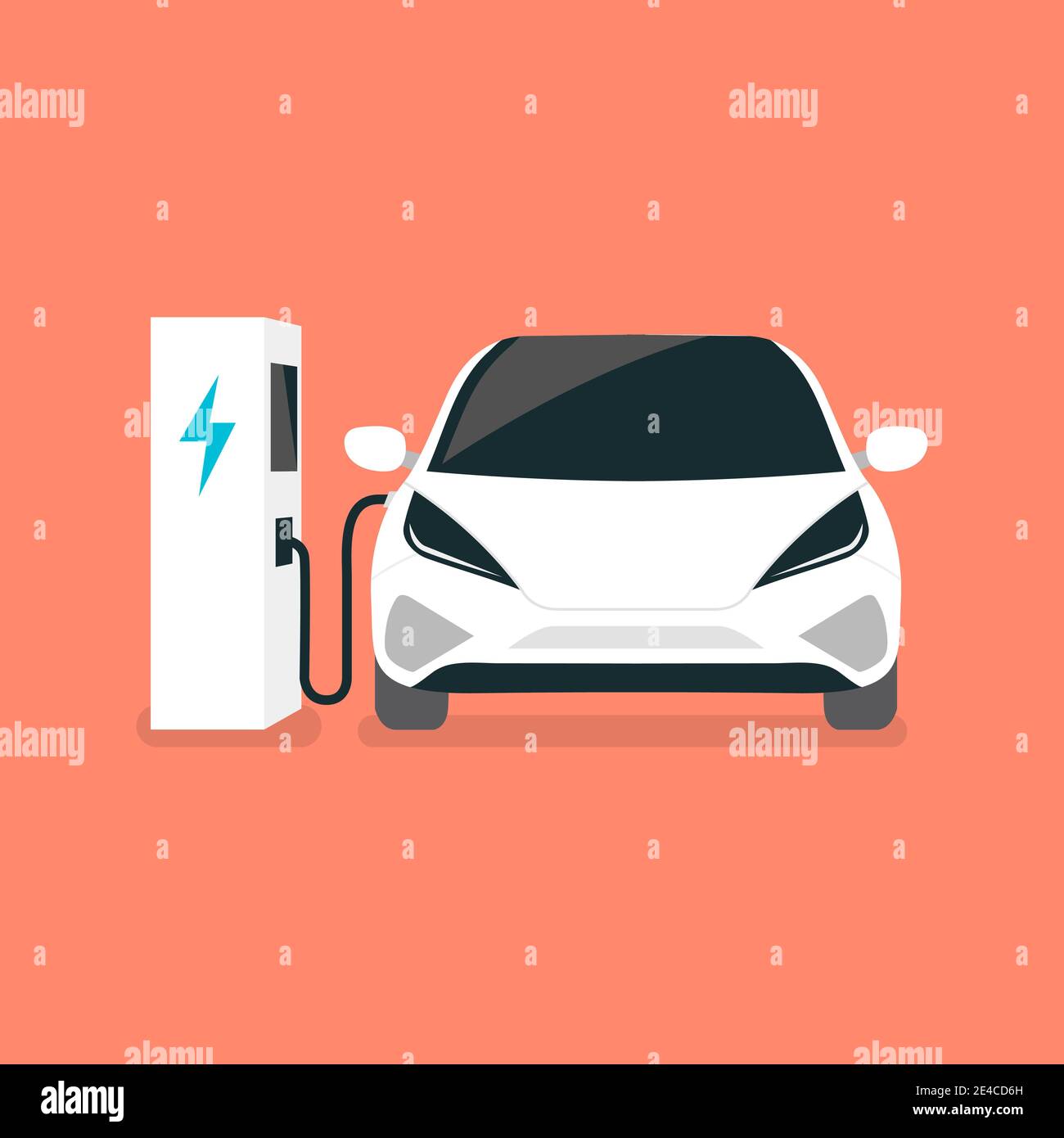 Modern electric car charges on an electric vehicle EV charging station