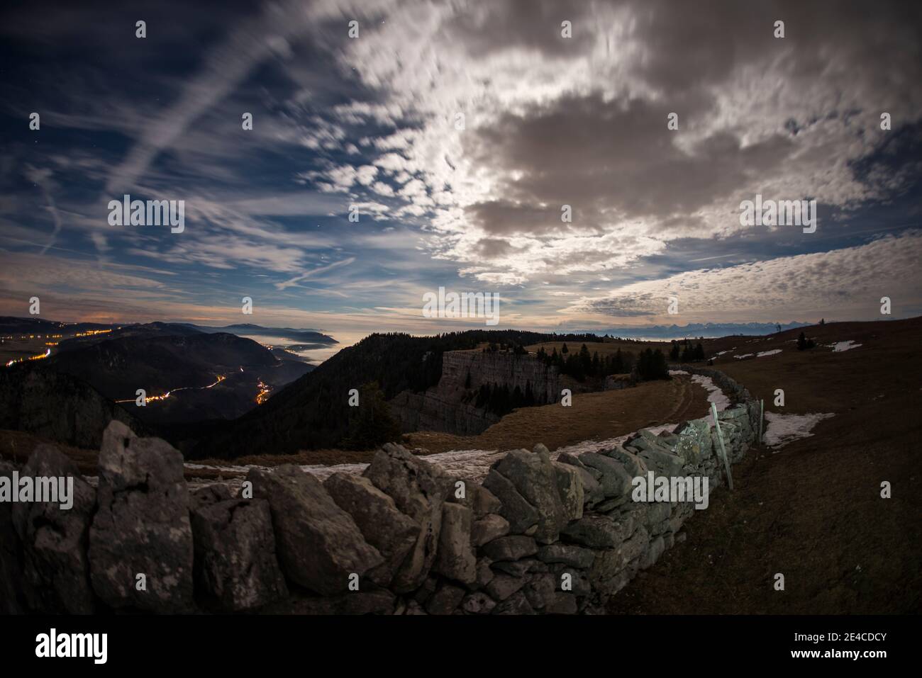 Creux du Van rock cirque by night, moonlight Stock Photo