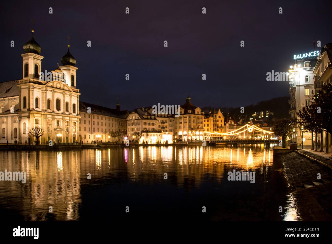 pre-Christmas Lucerne, lights and reflections Stock Photo