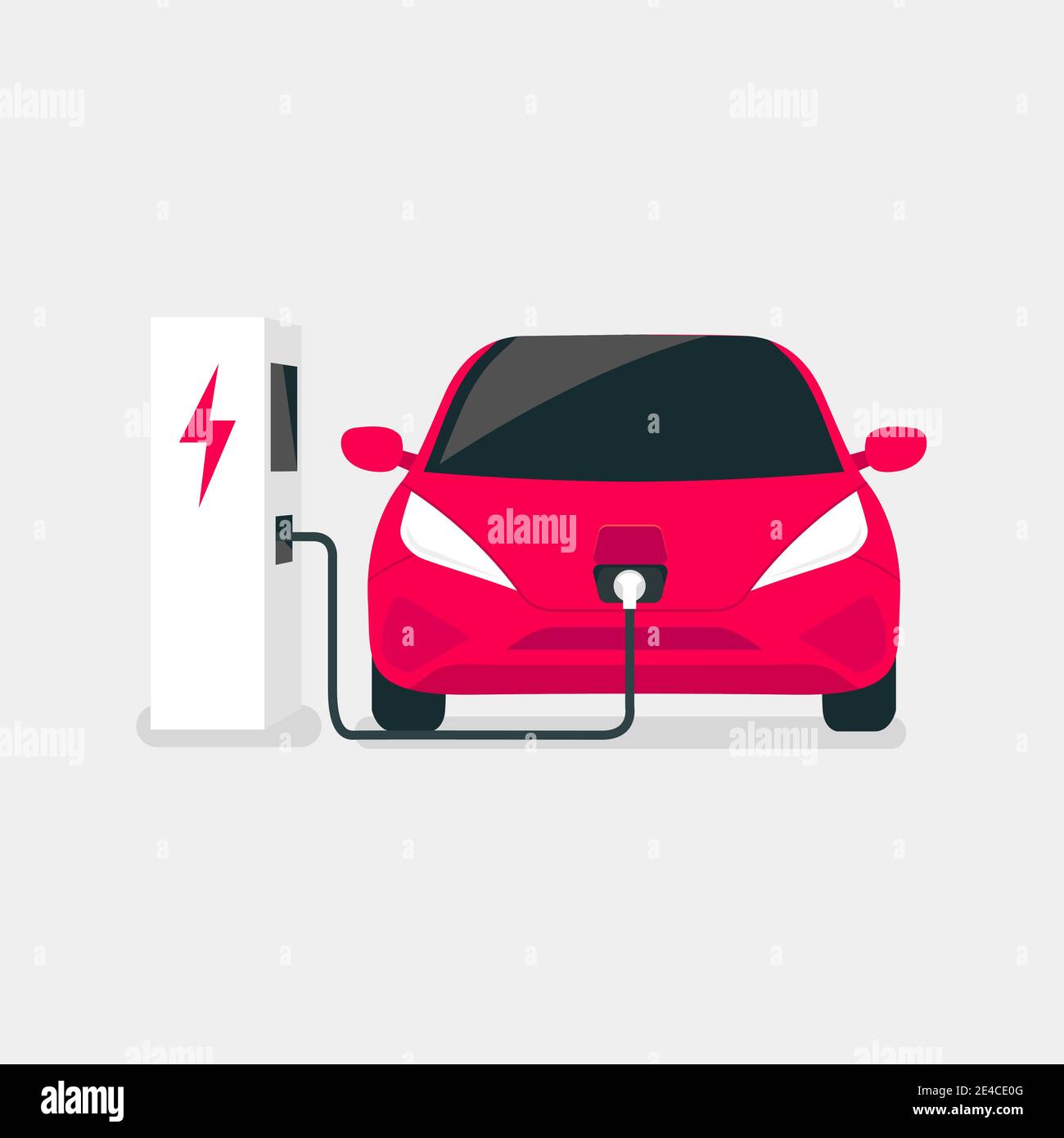 Modern electric car charges on an electric vehicle EV charging station