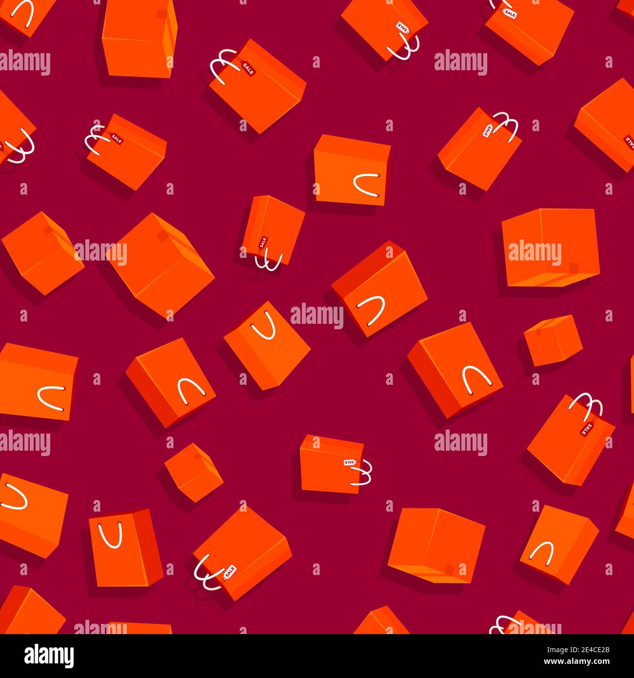Shopping bag and parcel box seamless pattern on red background. Stock Vector