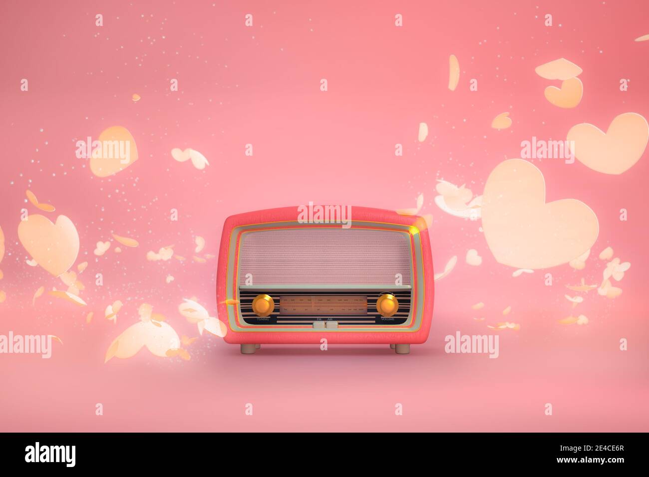 3D Rendering of a Pink Vintage Radio Receiver with Translucent Heart Shapes Stock Photo