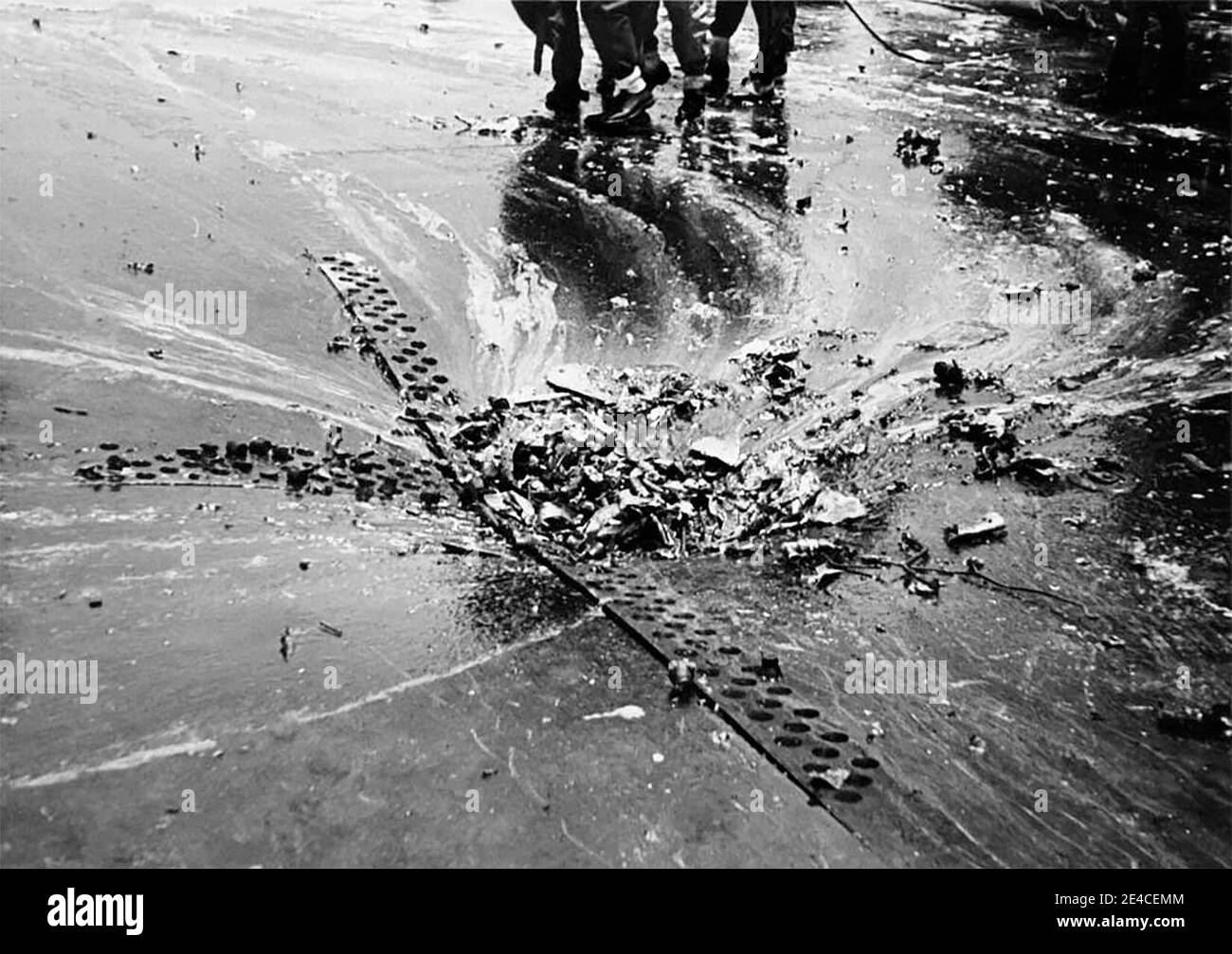 Armoured flight deck of HMS Formidable (67) dented by a kamikaze attack off Sakishima Gunto in the Battle of Okinawa, 4 May 1945 Stock Photo