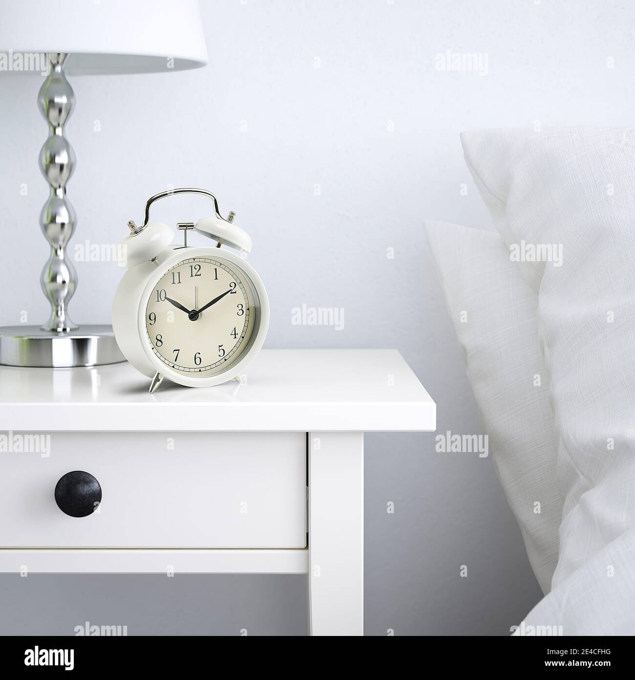 White Retro Alarm Clock in the Bedroom. The white color of the interior