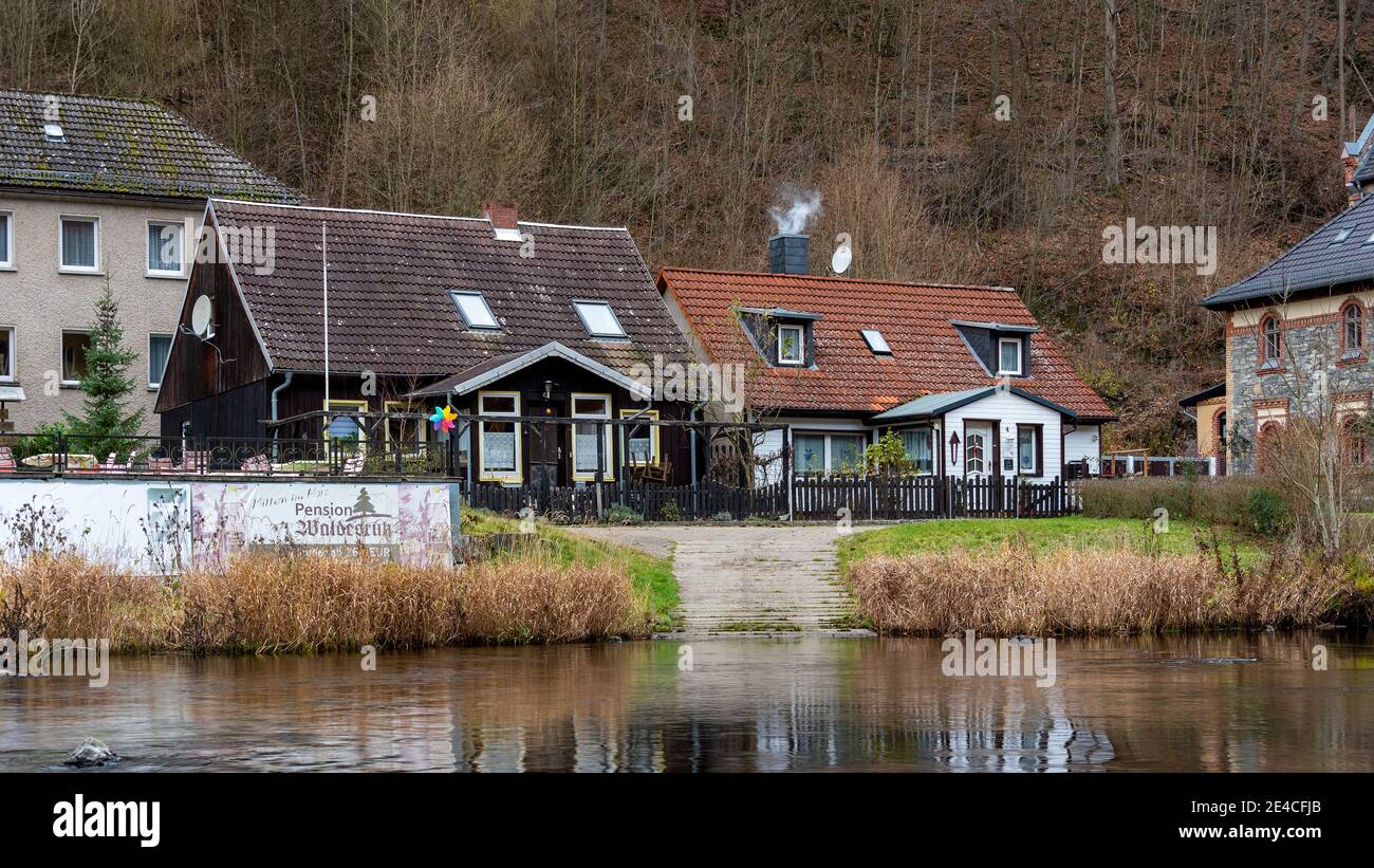 Germany, Saxony-Anhalt, Treseburg, residential houses in the Bodetal Stock Photo