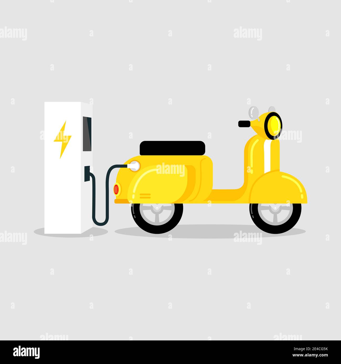 Yellow electric scooter with EV electric vehicle charging station. Stock Vector