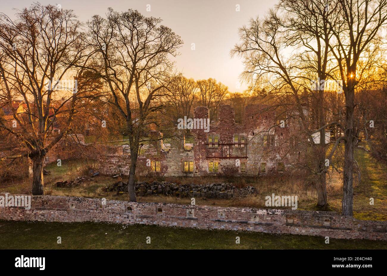 Germany, Thuringia, Ilmenau, Gehren, ruin, trees, sunrise, back light Stock Photo