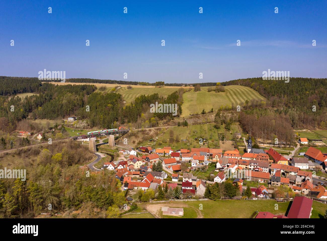 Germany, Thuringia, Martinroda, Angelroda, train, bridge, village, overview, aerial picture Stock Photo